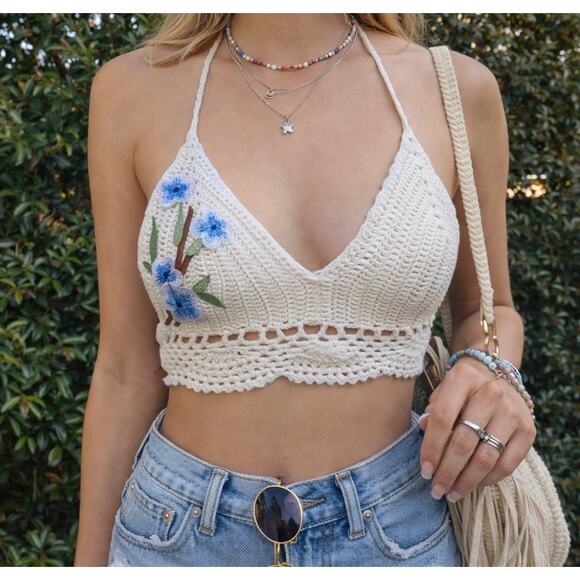 Forever 21 Tops - Forever 21 Cream Crochet Halter Top Blue Floral Appliqué Boho Bralette